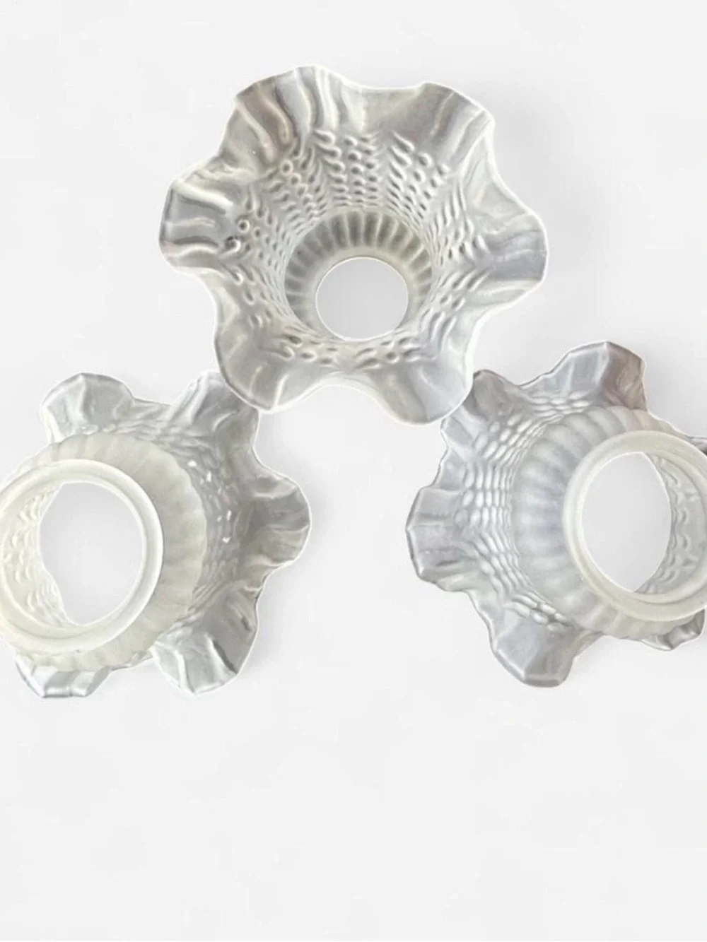 Vintage Frosted Hobnail, Ruffled Glass Shades - Set of 3- Standard 2” fitters.